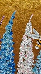 Bumblebee Original Painting Gold Framed Wildflowers Bluebonnet Wall Art Handmade
