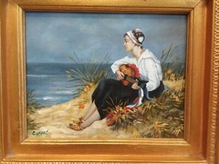 GIRL PLAYING GUITAR ON BEACH Oil Painting SEASCAPE in Ornate Frame SIGNED