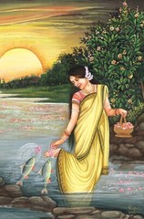 Nature Art Painting Of Indian Woman In River With Fish On Paper 10.5×13.5 Inches