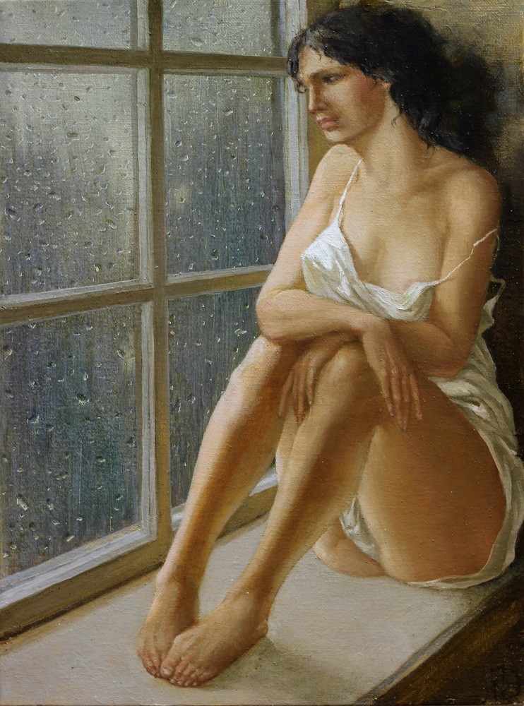 Original Oil Painting Female Figure Woman by Rainy Window Impressionist Art