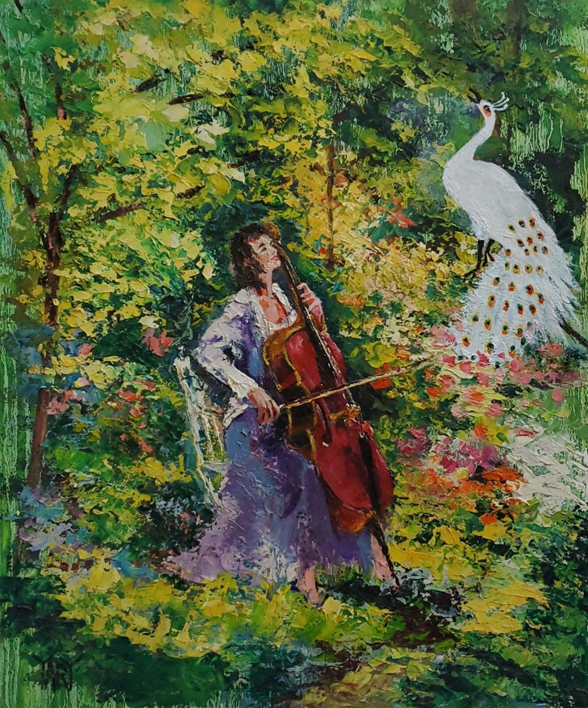 YARY DLUHOS Woman Music Peacock Garden Figure Cello Original Art Oil Painting