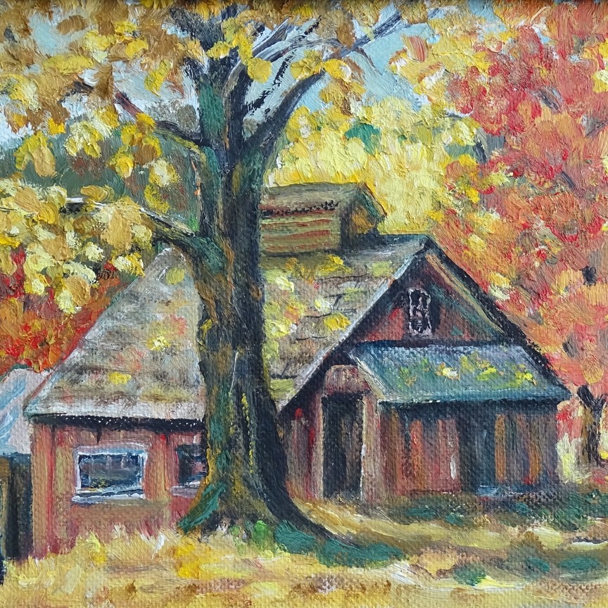 1975 Miniature Autumn Landscape Oil Painting Sugar House Framed Signed 8.5×6.5