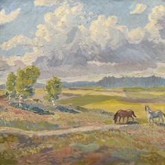 KALLE EKLUND ANTIQUE LANDSCAPE PAINTING IMPRESSIONISM WILD HORSES SANDZEN STYLE