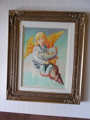 ANGEL HOLDING CARP BY IMRE ISTVAN ORIGINAL WATERCOLOR FRAMED 17 1/4″ X 14 1/4″