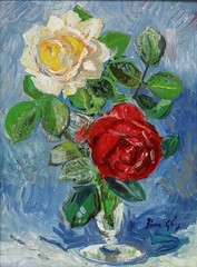 Thomas Rauer – Framed Mid 20th Century Oil, Roses in a Glass Vase