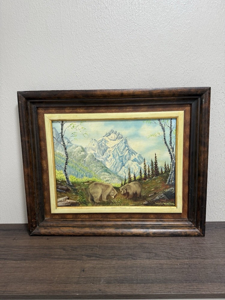 1971 Oil Painting of Landscape Snowy Alaskan Mountains W/ Grizzly Bears 18”x22”