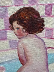 VINTAGE OIL PAINTING SIGNED MS M.S. FAUVIST NAIVE YOUNG GIRL CHILD IN BATH TUB
