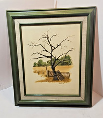 Vintage 1970s Framed Oil Painting Signed Helen K Tree with Fence 18″ by 16″