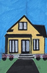 ACEO Original Tiny Home Art – OOAK Miniature House Painting – Yellow Bungalow