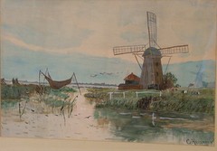 C HAUSMANN GERMAN LANDSCAPE w WINDMILL COWS FISHNET WATERCOLOR LISTED