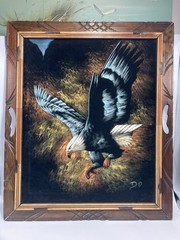 Vintage Oil On Velvet Painting Bald Eagle Carved Wood Frame Beautiful