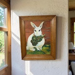 Vintage 1951 Framed Oil Painting White Rabbit Bunny Eating Greens Signed