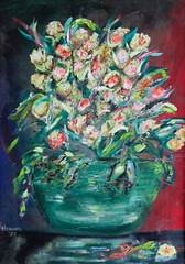 VINTAGE IMPASTO OIL PAINTING ON WOOD SIGNED L HOWARD 1957 FLOWERS STILL LIFE