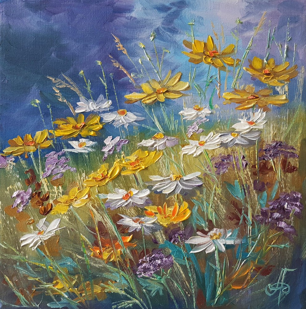 Golden Wildflower Meadow Original Oil Painting Floral Landscape Nature Wall Arts