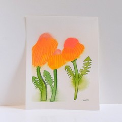 Marigold Coneflowers Gouache Flower Painting 100% Cotton Paper 7.7 x 6″ Neon