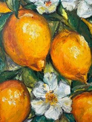 Lemons Painting Fruit Original Art Flowers Abstract Wall Art Oil Pastels Artwork