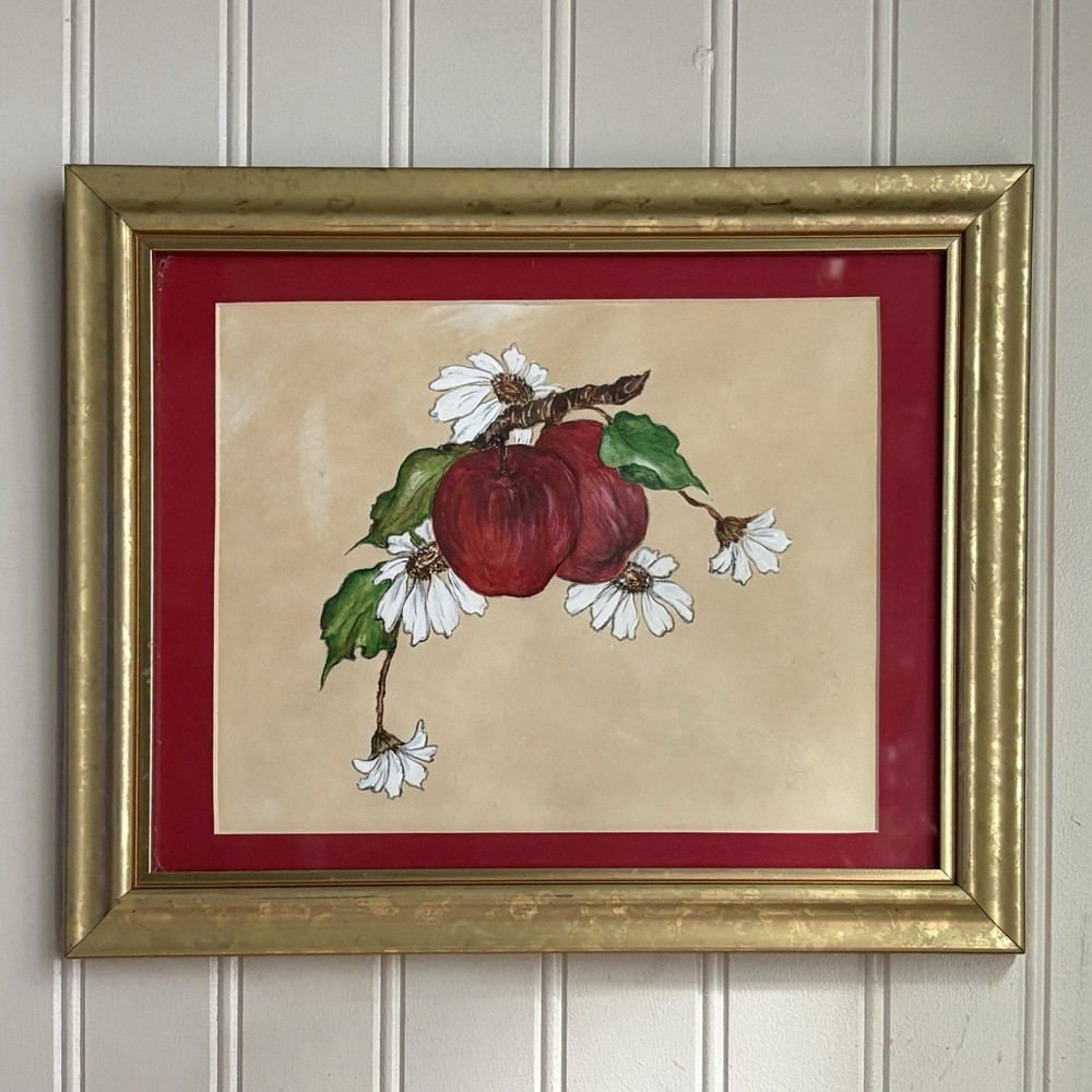 Vintage Original Acrylic Painting of Apples & Blossoms Red/Tan Framed VTG Granny