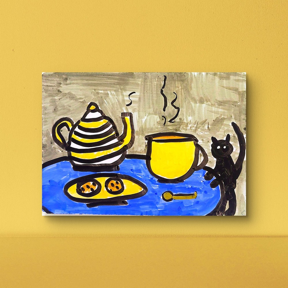Cookies Tea And Kitty Abstract Expressionist Original Watercolor Painting ACEO