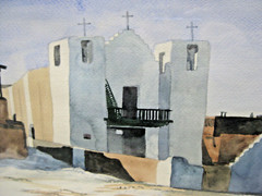 Original Signed Watercolor Painting New Mexico Pueblo Church