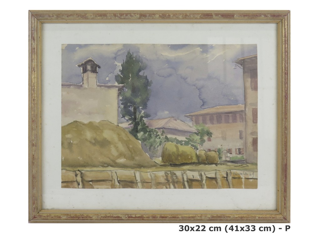 Painting In Watercolor View Of Country Signed Pancaldi Painter Of Modena P0