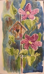 Original Watercolor Painting Birdhouse Flowers Leaves Contemporary Art