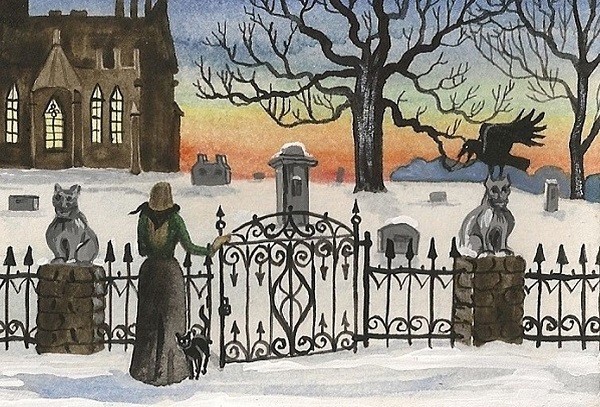 4×6 ART RAVEN CROW RYTA CEMETERY BLACK CAT WITCH GOTHIC FANTASY ART WINTER DARK