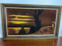 Vintage MCM Black Velvet Red Moon Evening Sky 22” x 13” Framed Painting