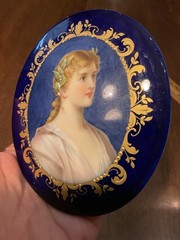 Antique Porcelain Plaque Painting Portrait Young Lady Flowers in Gold Blue Frame