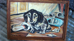Adorable FOLK ART DOG, Vintage Oil Painting on Board, c. 1965, Framed, Signed