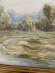 Vintage Gold Framed Impressionist Impasto Landscape Painting In Moody Greens