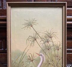 Antique 39×15” Water Lilies Cranes Oil Painting Birds Floral Landscape Lake SGND