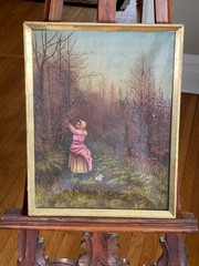 Antique Oil Painting Peasant Woman with Basket Pink Dress Foraging in the Woods