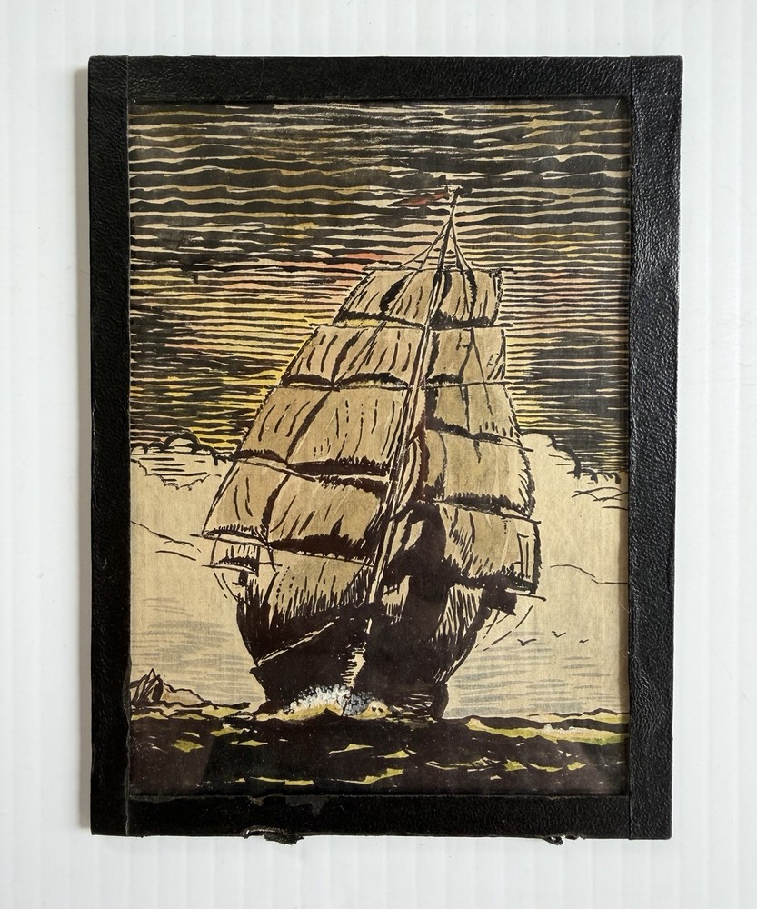 1930 Vtg Mini Watercolor Sailing Ship Painting Nautical Art Seascape Coastal 4×6
