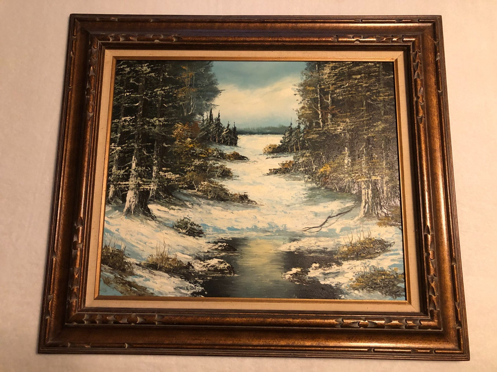 Vintage oil on canvas heavy paint impression winter forest scene signed Carter