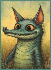ACEO 2.5×3.5 watercolor painting – cat kitten croco whimsical fantasy surreal