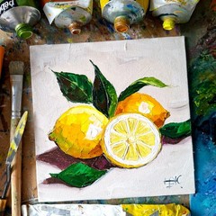 Lemons Impasto Oil Painting Original 3D Art Kitchen Decor Unframed 6×6