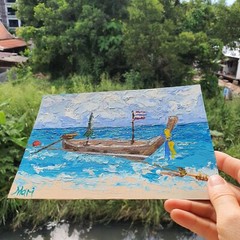 Pleasure Boat Painting Seascape Skiff Original Wall Art 6×8′ Ocean Shallop