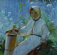 Oil On Wood Signed Richard Canisius Girl With Butter Barrel Framed