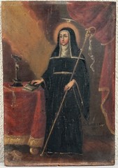 18th C. Spanish Colonial Oil Painting Saint Gertrude the Great Mexican Retablo