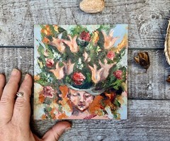 Original Oil Art 6×6” Portrait Woman Face Painting Floral Impasto Oil Painting