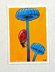 ACEO ATC Collectible Original Painting Mushroom Lady Bug Signed E BLAN Blaniata