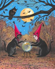 8×10 print of painting RYTA Halloween Black cat witch crystal ball folk art bat