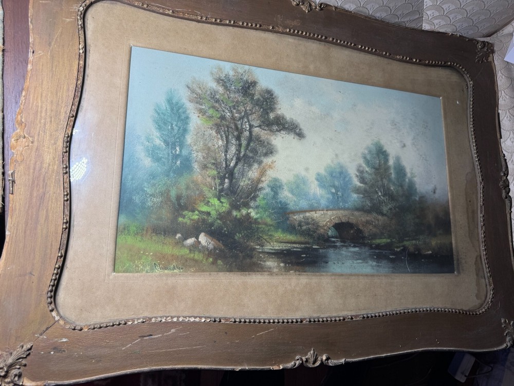 William Henry Chandler (1854 – 1928) „Stone Bridge Scene“ Pastel Painting-Framed