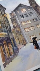 Urban Winter City Street Watercolor Painting Snowy Houses Windows Lights Art