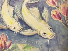 White Koi Carp Fish In a Pond Wall Art. Watercolor painting 11,5″ x 16,25″
