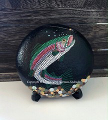 Rainbow Trout & Fly Dot Painted River Stone by Cheryl Garman-Andrade