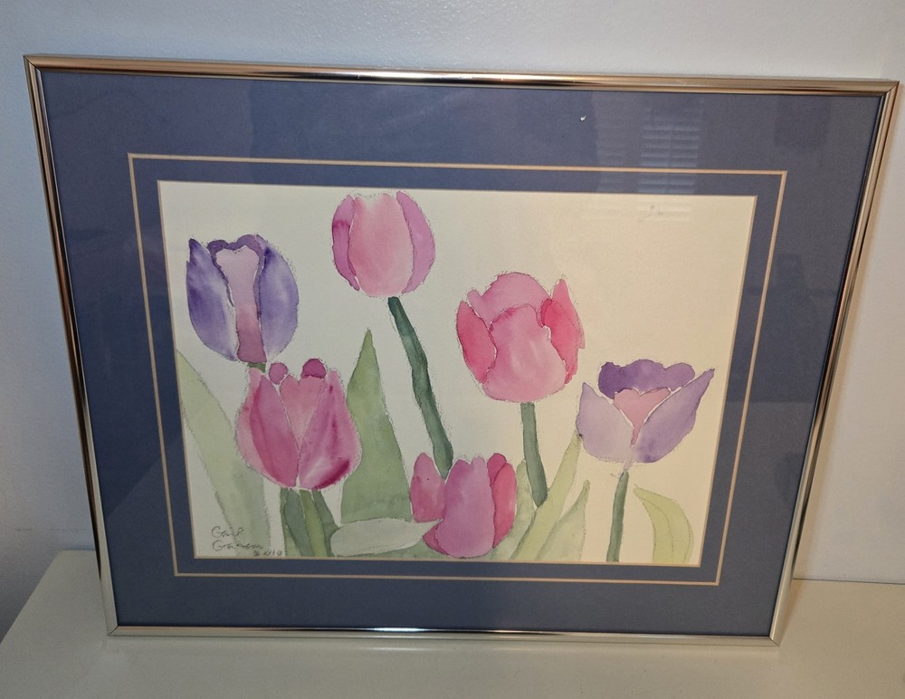 Framed Matted Watercolor Painting/Print Floral Tulips Signed 16×13″