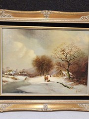 Original Vintage Oil on Board Dutch Winter Scene Painting by Rudolf? R. Jacobi