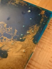 Original Abstract Resin Art Painting – Blue & Gold Coastal Flow – Epoxy Coated