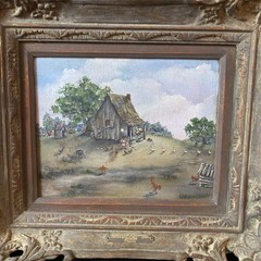 Janice Bourgeois Trahan Folk Art Oil Painting „House on the Hill“ Americana